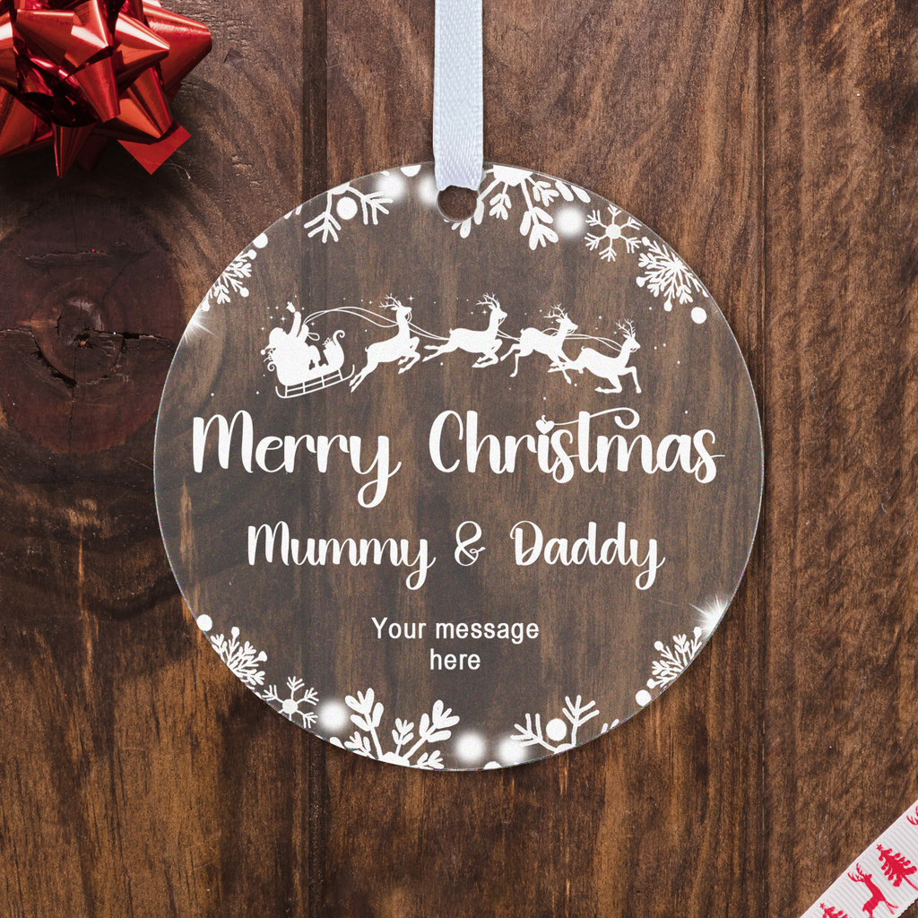 Personalised Mum & Dad Christmas Bauble – Santa Sleigh Design
