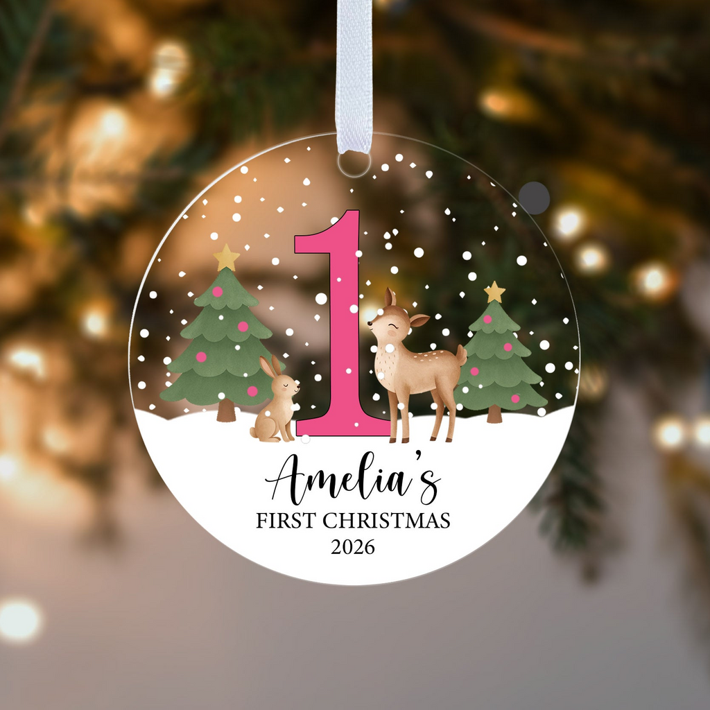 Personalised Baby's First Christmas Bauble – Reindeer in Pink, Blue or Red