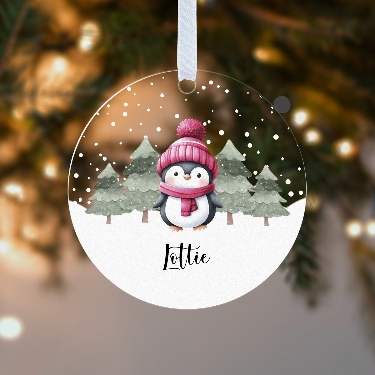 Personalised Penguin Christmas Bauble – Pink, Blue or Red with Name